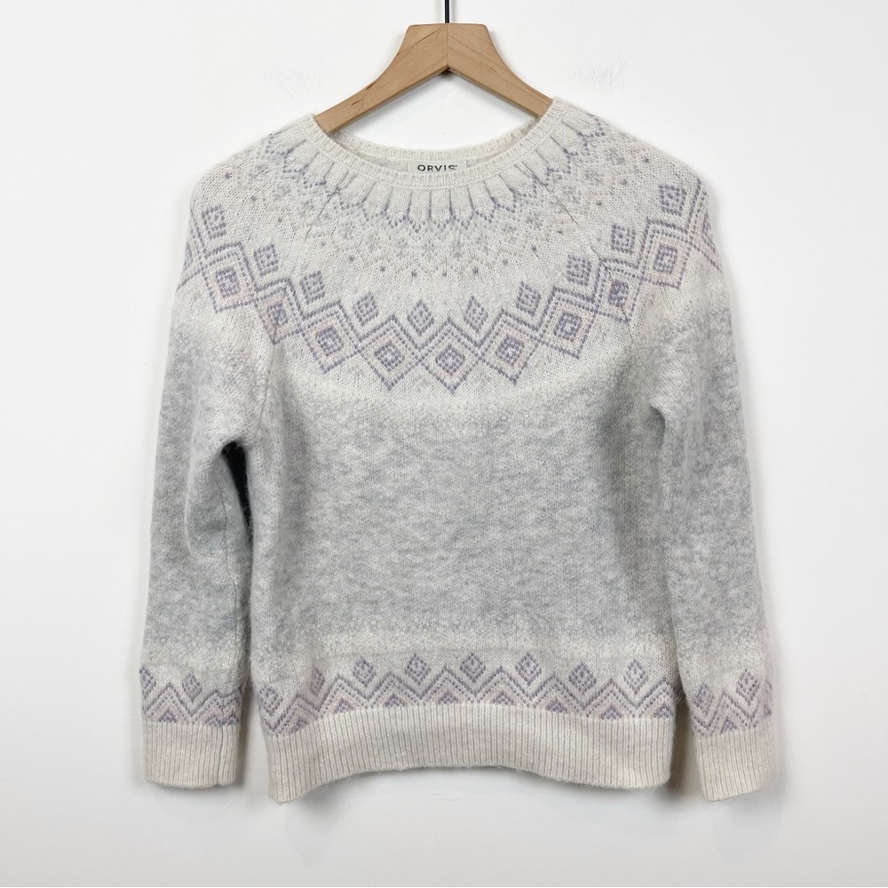 Orvis Wool Alpaca Blend Fair Isle Purple, Cream, Gray Sweater